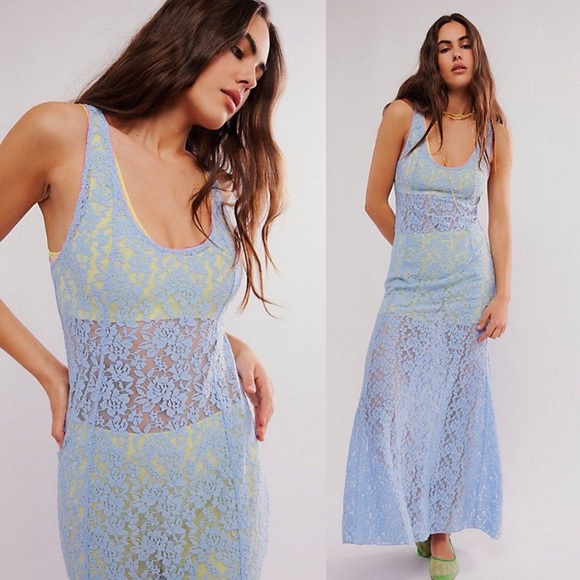 FREE PEOPLE Feeling For Lace Blue Maxi Slip Dress NEW - Picture 2 of 2